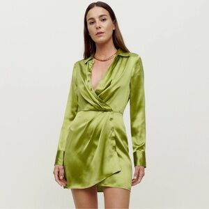 Reformation Lime Satin Wrap Dress